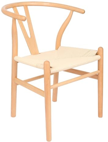 Nicholas Winter Wooden Dining Chair - Natural/Natural - Mid-Century Modern Beech Wood with Woven Rope Seat Ergonomic Y-Back - Compact Scandinavian Design for Dining Room Office Café
