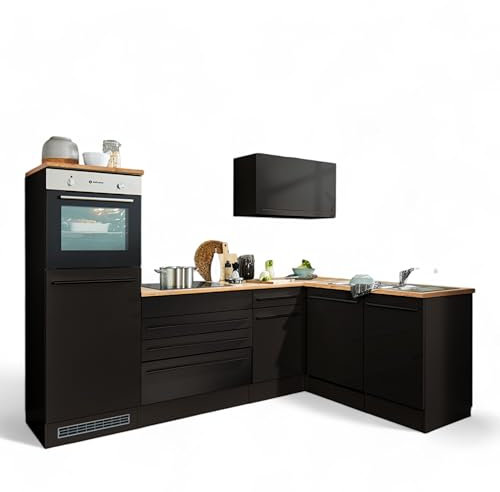 Jazz 6 Moderne Eckküche ohne Elektrogeräte in Schwarz matt, Lanzelot Eiche Optik - Geräumige Küchenzeile in L-Form mit viel Stauraum - 260 x 200 x 60 cm (B/H/T)