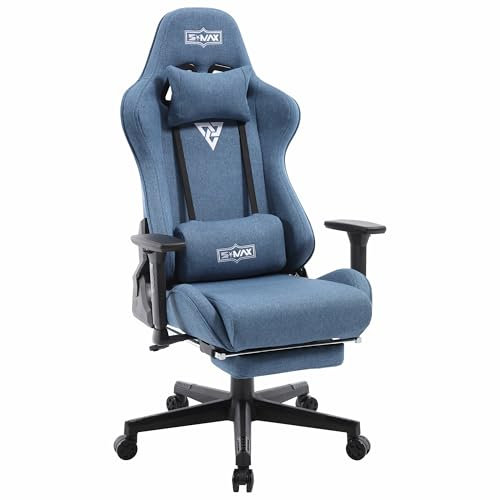 S*MAX Gaming Stuhl Stoff Blau mit Fußstütze Verdickter Sitz Gamer Stuhl 3D Armlehne Videospielstühle mit hoher Rückenlehne ergonomischer Gaming Stuhl für Erwachsene