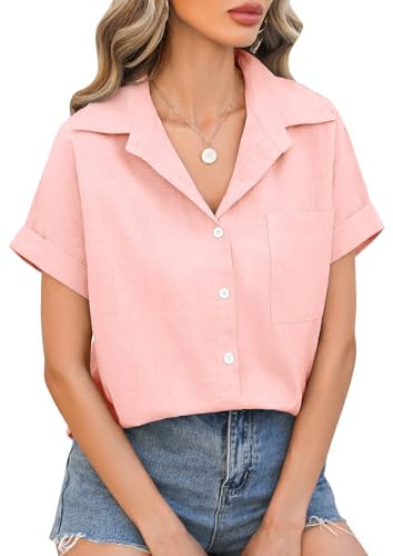 Xnova Camicia Donna Estiva Manica Corta Camicetta Cotone Elegante Scollo a V Blusa con Bottoni Casual Top Tinta Unita Shirt Maglia Estive, Rosa, M