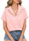 Xnova Chemisier Femme Manche Courte Été Chemise Coton avec Boutons Élégant Lâches Hauts Top Col en V Tunique Chic Blouses pour Travail Décontracté, Rose, M