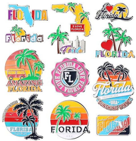 Konohan 12 Pcs Florida Magnets for Refrigerator Metal USA Fridge Magnet Magnetic Florida Souvenirs Gifts USA State Magnetic Refrigerator Stickers, Coconut Tree, Map