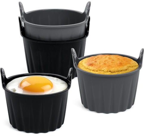 Air Fryer Egg Poacher 4 PCS Food Grade Ramekins for Air Fryer Silicone Poached Egg Moulds Microwave Egg Poacher Cups for Muffin Cupcakes and Pudding-Black,Grey