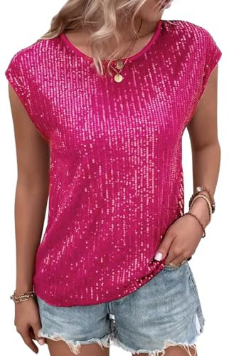 Naimo Damen Glitzer Pailletten Top Kurzarm Rundhals T-Shirt Elegant Sparkle Bluse Party Cocktail Oberteile