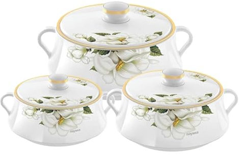 Reldor Insulated Hotpots Dish with Lid Set of 3, Inner Stainless Steel Thermal Food Hot Pot, Casserole Pot with Lid, Dishwasher Safe, Ideal for Serving, Floral Design, (White, 5, 7.5 & 10 Litre)