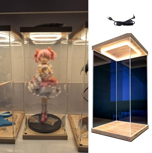 CMYUN Acryl Vitrine Beleuchtete Acryl-Vitrine für Puppen, Hoch, Transparent, Modellschiff-Sammlerbox, Acryl-Aufbewahrungsschrank mit Tür Und Holzsockel, Große Vitrine(20x20x50cm/8x8x20in)