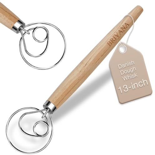 BRIVANA Danish Dough Whisk, Sourdough Bread Whisk with Wooden Handle, 13-Inch Stainless Steel Single Loop Dough Mixer for Bread Making, Pizza Dough, Batter and Pastry