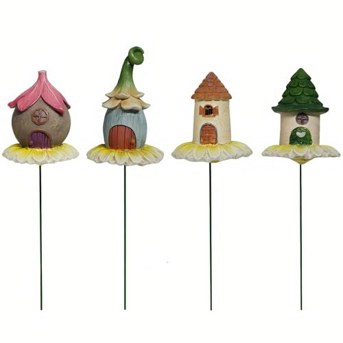 HOPEYHFM Fairy House-Gartenstatue für draußen, 4 Stück Feengartenhaus Töpfe Dekoration, Wetterfest Elfenhaus Gartenstecker Statue, für DIY Garten, Balkon,Terrasse,Potting Shed Blumentopf Pflanzen