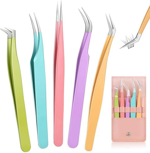 Lot de 5 pinces à épiler pour extensions de cils, pour extensions de cils, droits et courbes, pour artistes professionnels d'extension de cils pour les filles, les femmes, les débutants