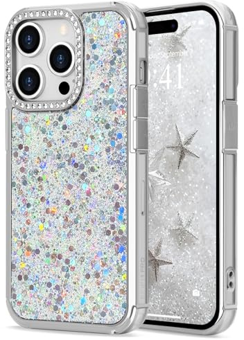 ROSEHUI Glitter Sequin Bling Phone Case for iPhone 14 Pro Max, Silver | Cute with Rhinestone Diamonds, TPU Shockproof Protective Cover, Clear TPU Bumper, Luxury Slim, Fashion for Women Girls