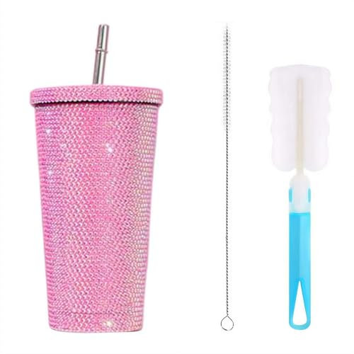 750ml Rhinestones Tumbler With Handle & Stainless Steel Straw Glitter Water Bottle, Shiny crystal Insulated Bling Cup With Lid Brush for Women Travel Outdoor Portable Fashion Reusable Mugs (Pink)