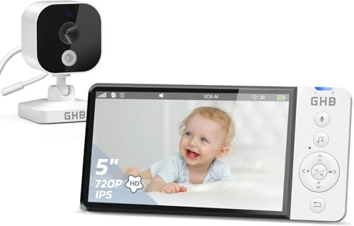 GHB Camara Vigilancia Bebe 5 720P HD IPS Vigilabebes con Camara con Pantalla de 5000mAh, Visión Nocturna, Comunicación Bidirecciona Escucha Bebes