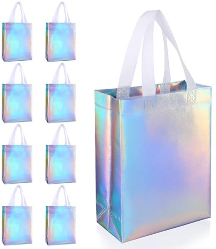 YBEATY 8 Pcs Iridescent Glossy Party Bags Holographic Luxury Birthday Bag with Handle Non-woven Reusable Shopping Tote Bag for Bridesmaid Wedding Party Shower Presents Easter Christmas Halloween