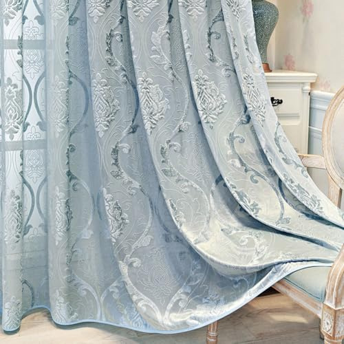Vintage Vorhang Halbtransparent Ösen 3D Tufted Barock Gardinen Wohnzimmer | Blau Vorhäng Transparent Lichtdurchlässig Blumenmuster Ösenschals für Schlafzimmer Wohnzimmer 2er Set 100x250cm