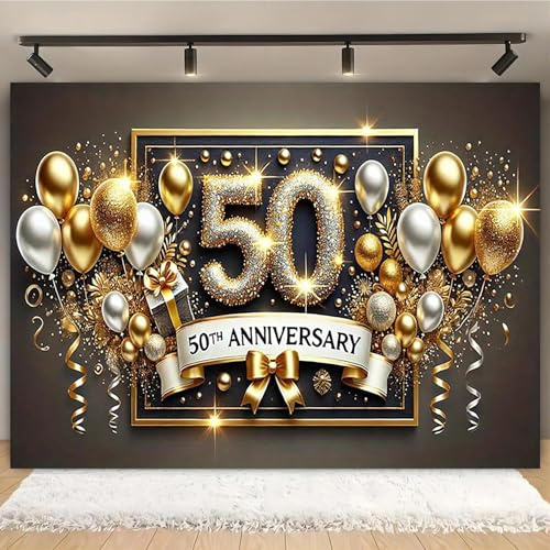 50Th Anniversary Party Vinyl Banner Golden Celebration Decoration Wedding Versatile Home Garden Studio Decoration