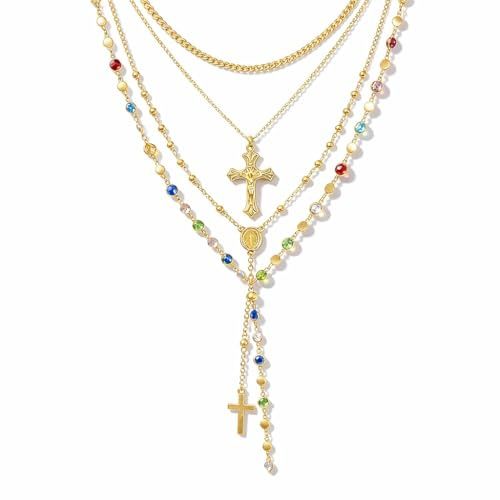 BelleFlair 4-teilige Halskette Damen Gold Silber, Layering Halsketten Set, Bohemian Y Kette mit bunten Perlen, Vintage Rosenkranz lange Kette und Kreuz Anhänger, verstellbarer Goldschmuck