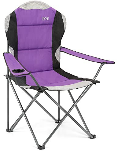 Trail High Back Folding Camping Chair, Luxury Padded Seat, Heavy Duty Tubular Steel, Cup Holder Armrest, Lightweight Portable, Outdoor Garden, Carry Bag
