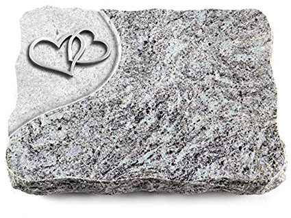 Wilhelmy Grabmale Grabplatte, Grabstein, Grabkissen, Urnengrabstein, Liegegrabstein Modell Folio 40 x 30 x 5 cm Marina Blue-Granit, poliert inkl. Gravur (Aluminium-Ornament Herzen)