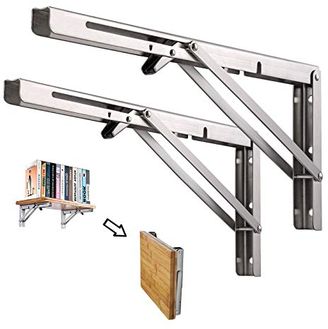DMSL Folding Shelf Bracket 16 , Heavy Duty Stainless Steel Folding Bracket (Load 340LB) For Space-Saving DIY Workbench, Wall-Mounted Table Shelf (2 Pack)