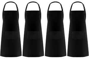 Syntus Verstellbare Latzschürze mit 2 Taschen, Kochschürzen für Damen und Herren, 100 % Baumwolle, Schwarz, 4 Stück