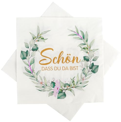 Wishstar 40 Stück servietten schön das du da bist, servietten Tischdeko, Hochzeit Servietten Eukalyptus Grün, Salbeigrün Servietten, Konfirmation, Taufe Tischdeko, Lavendelsäckchen mit Lavendelblüten