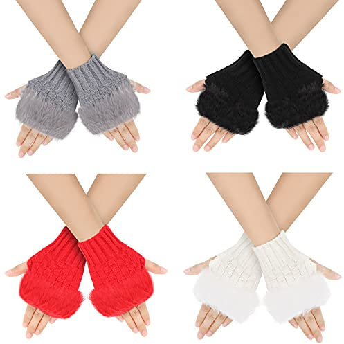 SATINIOR 4 Paar gestrickte fingerlose Winterhandschuhe SMS-Handschuhe Daumenloch Fäustlinge Armstulpen mit Kunstpelz kurze Handgelenke fingerlose Handschuhe für Frauen Mädchen, rot, schwarz, weiß und