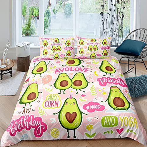 feelingyou Cartoon Avocado Tröster Covet 155x220cm, süße grüne Tropische Frucht Bettbezug mit 1 Kissenbezug, Girly Style Pink Stripes Polyester Bettwäsche Set für Jungen Teens Schlafzimmer Dekor