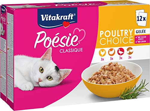 Vitakraft Poésie Classique, Nassfutter Katze, Katzennassfutter Gelee, mit Huhn, mit Pute, mit Geflügel, mit Ente, ohne Zusatz von Zucker und Getreide (1 Paket mit 12x 85g)