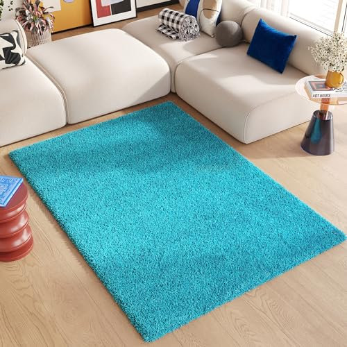 TAPISO Essence Teppich Hochflor Langflor Shaggy Türkis Einfarbig Rechteckig Super Weich Felloptik Schlafzimmer Wohnzimmer ÖKO-TEX 140 x 200 cm