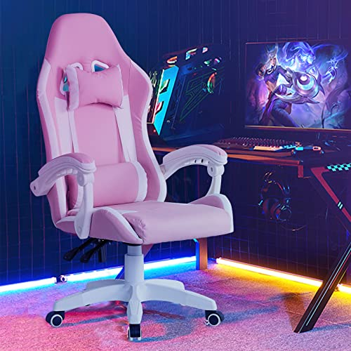 LEMROE Sedia da gioco professionale per adulti, rosa, in ecopelle con supporto per lo schienale alto, sedia da scrivania per casa e ufficio