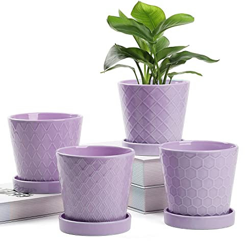 EFISPSS Blumentopf - 12,7 cm Keramik Blumentöpfe mit Ablauflöchern und Keramik Tablett - Gartenarbeit Zuhause Schreibtisch Büro Fensterbank Dekoration Geschenk Set von 4 - Lila