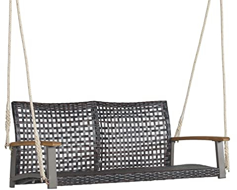 COSTWAY Dondolo Sospeso da Esterno con 2 Posti, Panca Altalena in Rattan PE con 2 Corde, Schienale Curvato e Braccioli in Legno di Acacia, Carico Massimo 360 kg, 131 x 68 x 54 cm (Senza Cuscino)