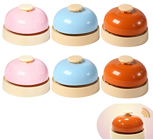 Timbre de Mesa,Yiyifor 6 Piezas Timbre de Recepción de Metal Clasico Campana de Servicio para Hotel Bar Restaurante Cocina Escuela Recepción o Campanas Entrenamiento Mascotas(Azul Naranja y Rosa)