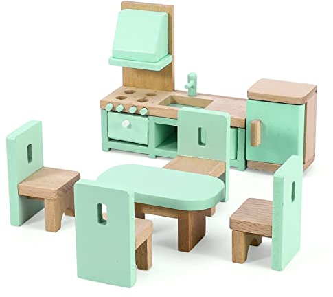 SOKA Wooden Kitchen Dining Room Playset Pretend Play Doll House Furniture Set Miniature Display Model Figures Table Chair Counter Cupboard for Children Kids Girls Ages 3 year old +