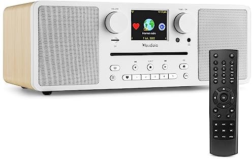 Audizio Naples - Radio DAB portatile con lettore CD, Bluetooth, sintonizzatore Internet, WiFi wireless, doppio altoparlante, ingresso AUX, sveglia digitale, alimentazione a rete, colore bianco