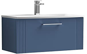 nuie DPF396G Deco Modern Bathroom Wall Hung 1 Drawer Part Fluted Vanity Basin Unit with Curved Ceramic Basin, 800mm, Satin Blue