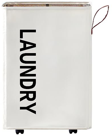 Homlikelan Großer Wäschekorb auf Rollen, zusammenklappbar, 72 l, Weiß