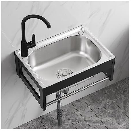 whalebee Extérieur Évier en Acier Inoxydable, Mural Évier De Cuisine avec Support, Grandecapacité Lavabo Commercial De Cuisine pour Laver Les Fruits, avec Robinet Pivotant À 360° Et Bonde