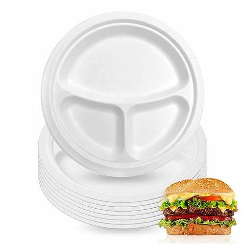 LORD C Compartment Plates Super Rigid Bagasse Plates Portion Divider 100% Compostable 3 Compartment Food Trays White Color Biodegradable Eco Friendly Reusable Sugarcane Paper Plates Pack (8, 10 INCH)