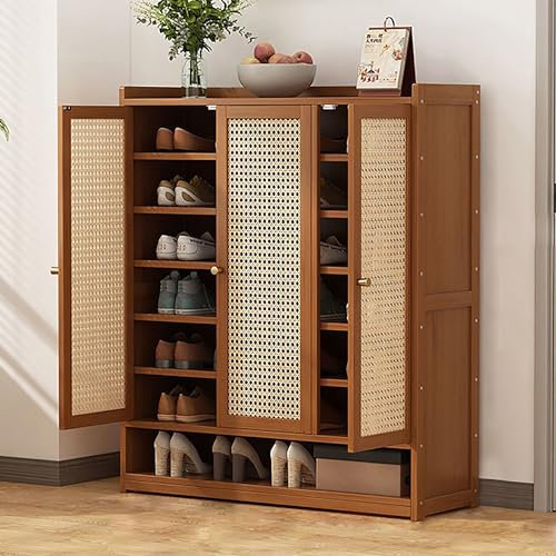 Generic Rustic Brown Rattan & Oak Shoe Cabinet, 35.4W x 12.6D x 42.1H, Entryway, 2-4 Doors, Adjustable Shelves