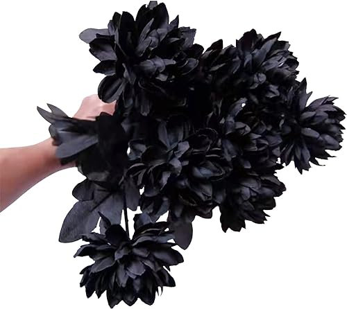 FROOWAN 10 Pcs Artificial Silk Dahlia Stems Black Artificial Flowers Faux Black Dahlia Flower Fake Flowers for Gothic Wedding Centerpieces Flower Arrangement Party Home Decorations (Black)