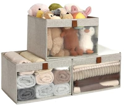 StorageWorks Large Storage Boxes with Clear Window, Brown and Beige, 3 Pack | Storage Boxes for Clothes and Toys, Foldable Boxes for Wardrobe and Shelf, Stackable Organiser with Sturdy Handles
