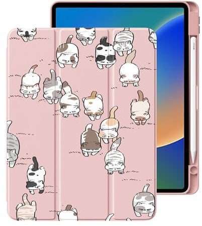 Niedliche Kawaii-Katze für iPad Pro 12,9 Zoll Hülle 5. / 6. Generation 2022/2021/2020 mit Stifthalter, faltbare rosa Lederhülle, unterstützt automatische Schlaf- und Wachfunktion