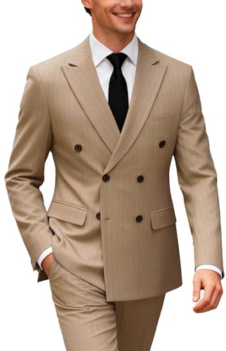 UNINUKOO Men's Suits 2 Piece Pinstripe Double Breasted Tuxedo Suit for Men Slim Fit Formal Dress Blazer Jacket Pants US Size L Khaki