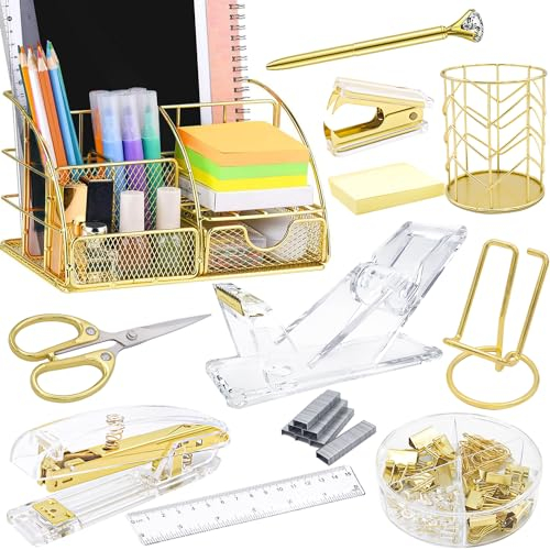 FERXIDI Goldener Schreibtisch-Organizer und Zubehör, Bürobedarf für den Schreibtisch, 13 PS Set mit Acryl-Hefter, Klebebandspender, Heftklammerentferner, Stifthalter, Clips, Schere, Handyhalter, Stift