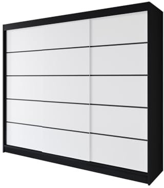Easy4You R7 250 cm Schwarz/Weiß Schiebetüren Kleiderschrank 250x215x58 cm Schlafzimmermöbel, Aufbewahrung - Mehrzweckschrank - Farbe: Schwarz/Weiß