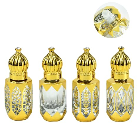 CHSEEO Essential Oils Roller Bottles, 4 Pcs Mini Refillable Empty Vintage Perfume Essential Oil Roll on Dispenser Bottles Egyptian Arabic Style, 6 ml for Travel Perfume Aromatherapy Container, Gold