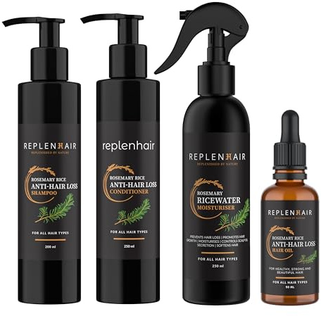 Replenhair Haarspray mit Reiswasser und Rosmarin, 100 % handgefertigt, feuchtigkeitsspendend, Rosmarinöl & Rosmarin-Shampoo gegen Haarausfall für alle Haare