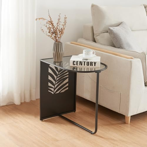 [en.casa] Table d'Appoint avec Plateau en Verre Bout de Canapé avec Motif Feuille Petite Table Basse Élégante pour Salon Chambre Bureau Métal Verre de 4 mm 50 x 50 x 35 cm Noir