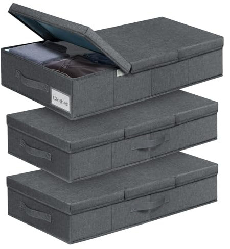 Large Underbed Storage Box With Lid, 3 Pack 45L Foldable Bags With Handle, Organiser Drawer Containers for Clothes, Blankets, Duvets, Pillows, Bedding